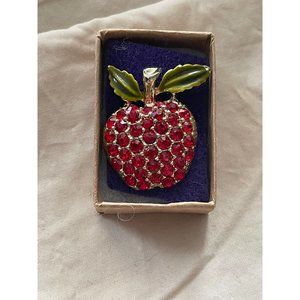 Vintage Green Glaze Red Encrusted Rhinestone Gold Tone Apple Shaped Pin/Brooch
